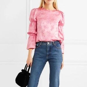 ALEXACHUNG Gathered Satin-Jacquard Blouse Baby Pink in Bubblegum